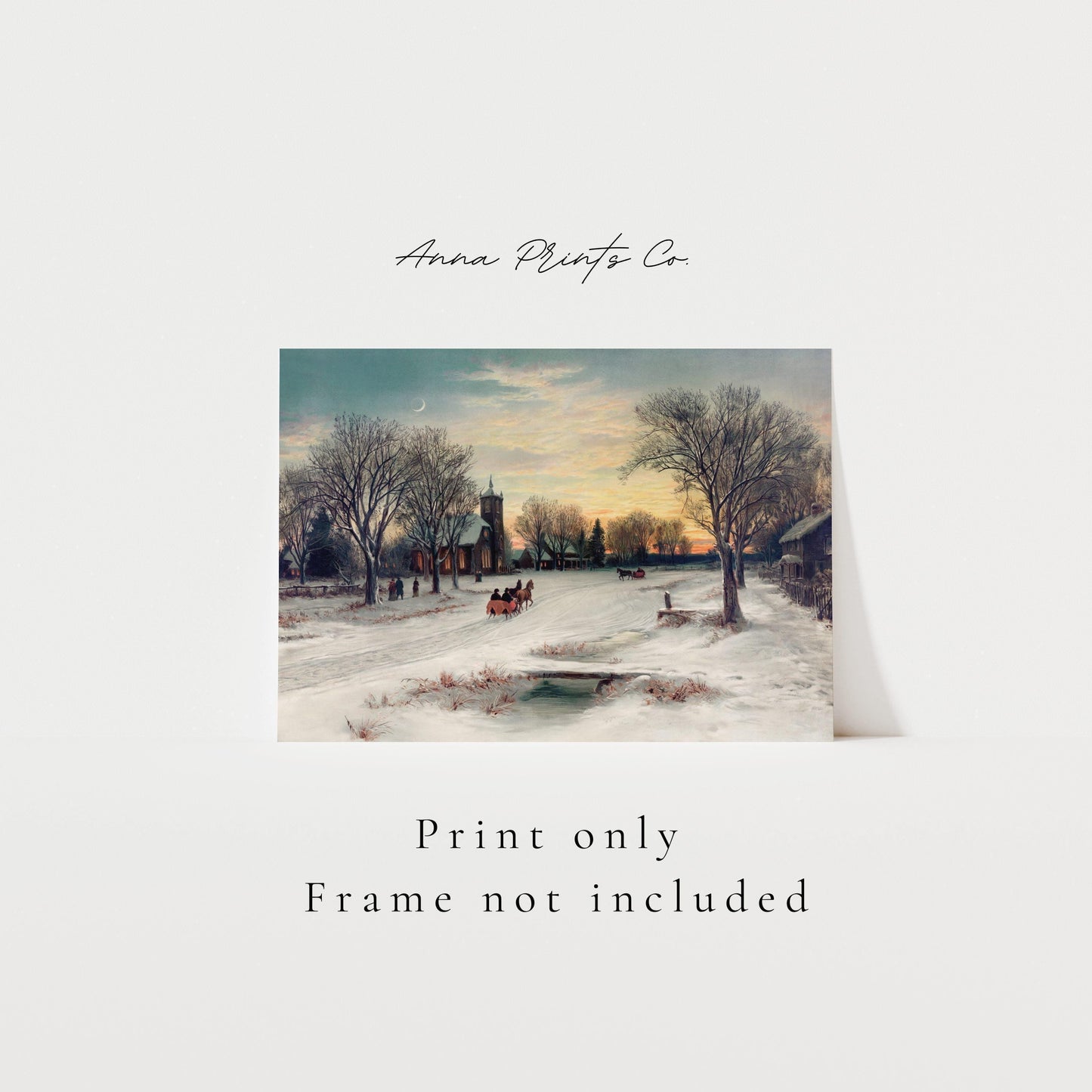 Vintage art print of Christmas Eve Winter Painting with text overlay stating frame not included