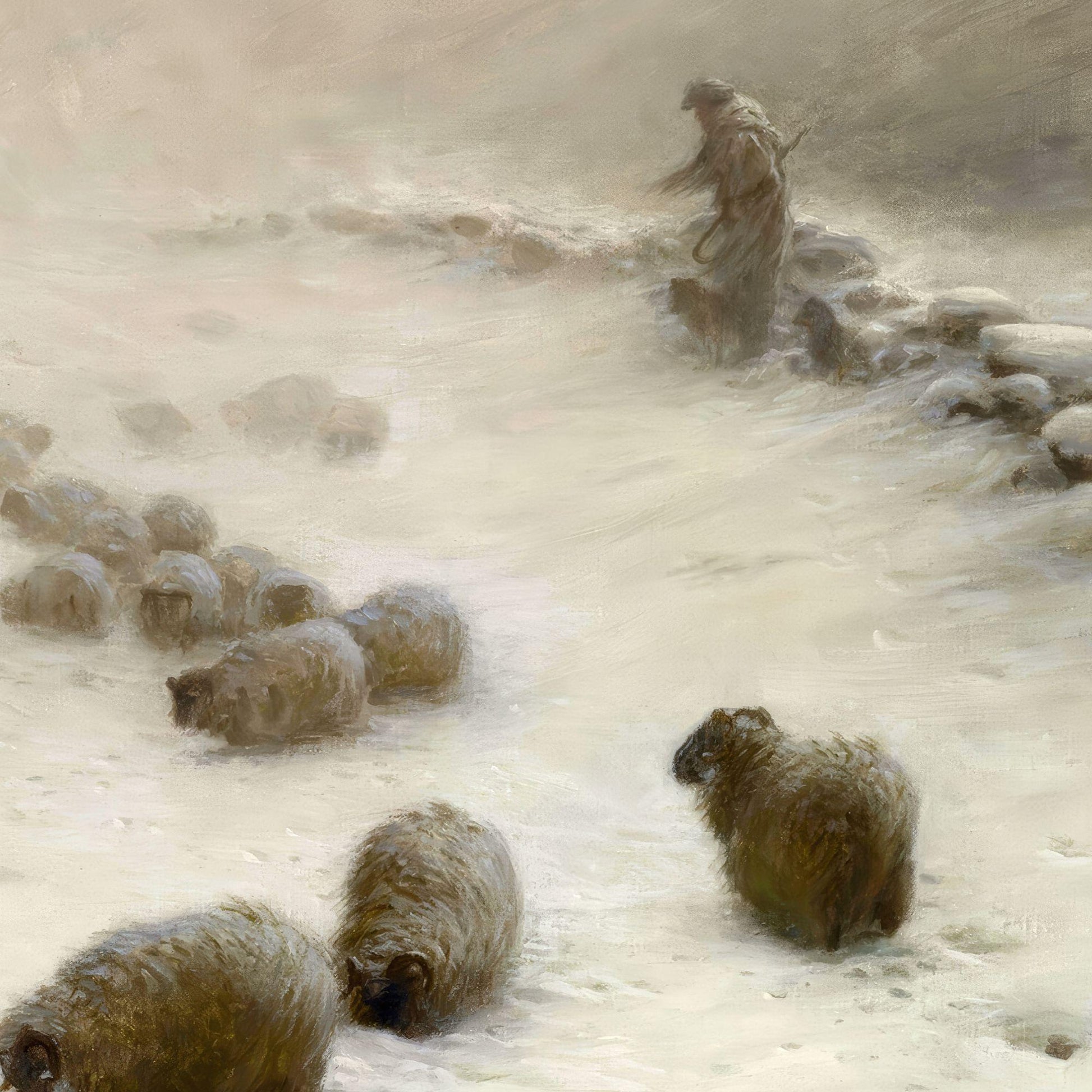 Shepherd with sheep crossing a river