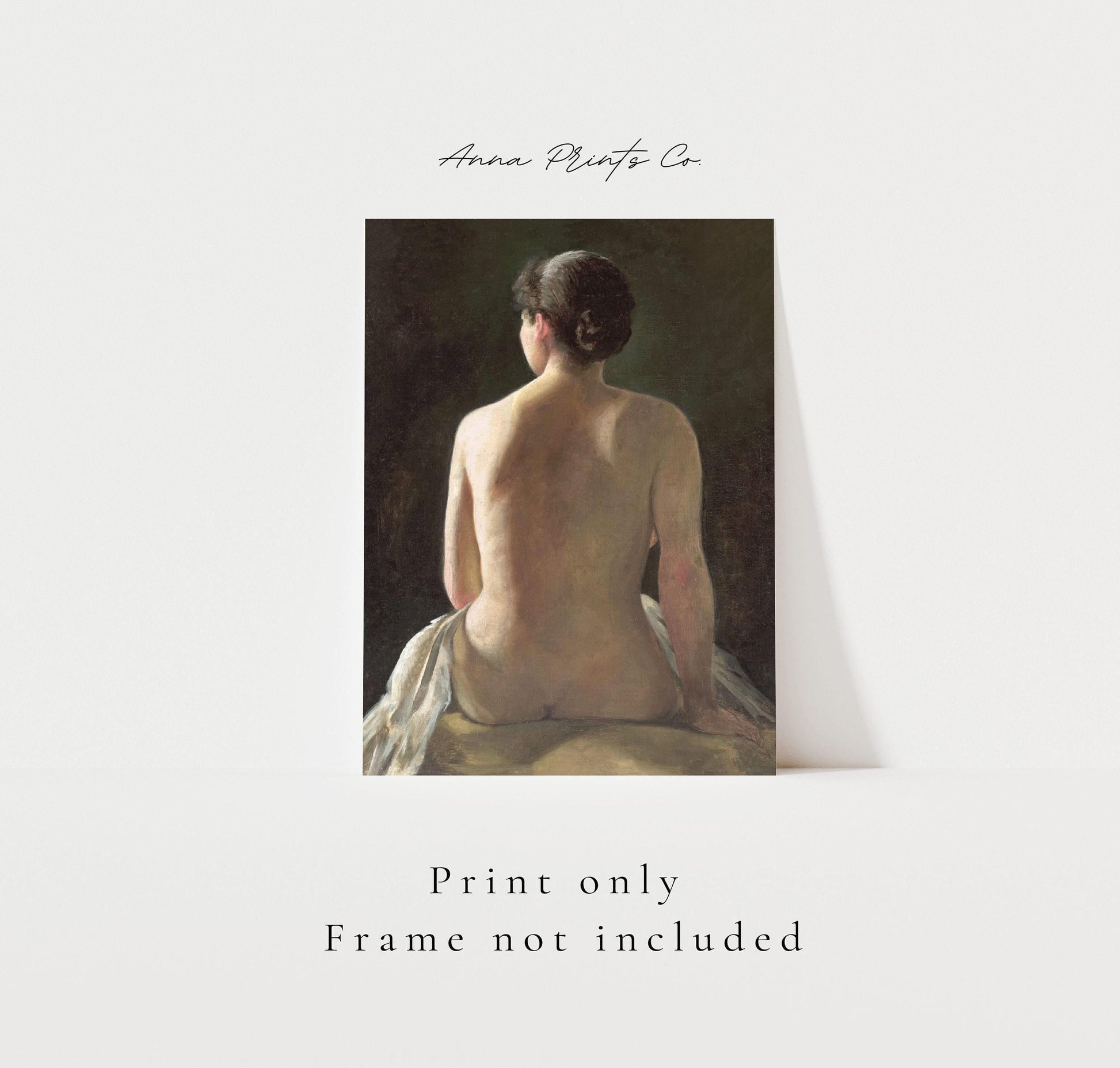 Vintage art print of Nude of Seated Woman Painting with text overlay stating frame not included