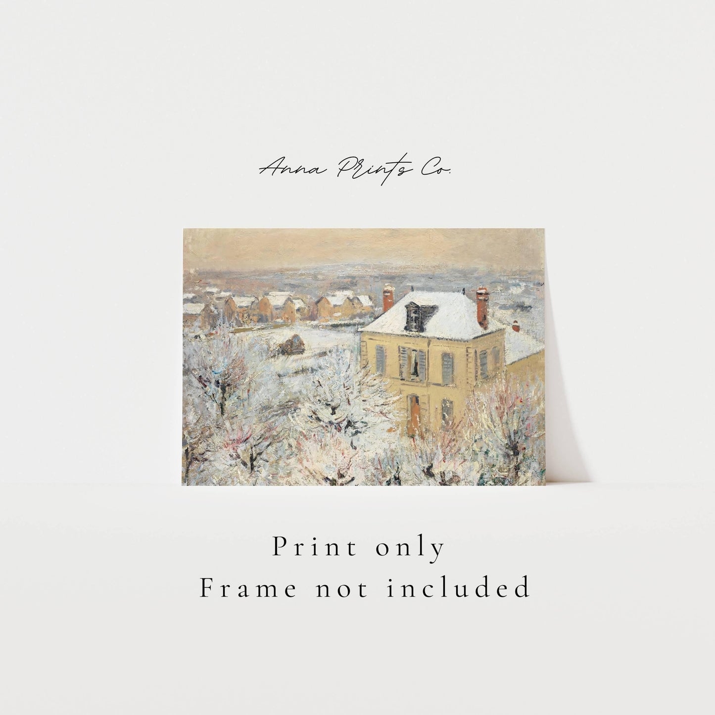 Vintage art print of House in Winter Painting with text overlay stating frame not included
