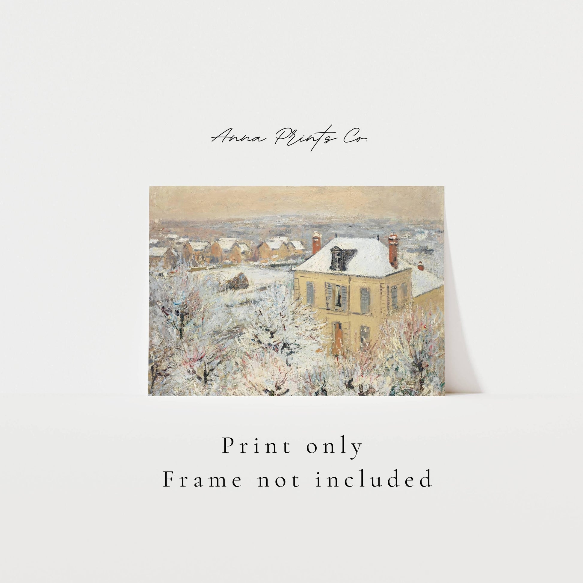 Vintage art print of House in Winter Painting with text overlay stating frame not included