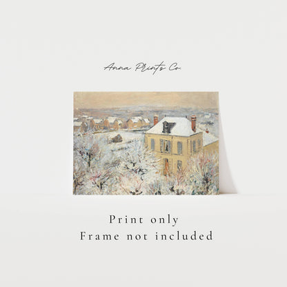 Vintage art print of House in Winter Painting with text overlay stating frame not included