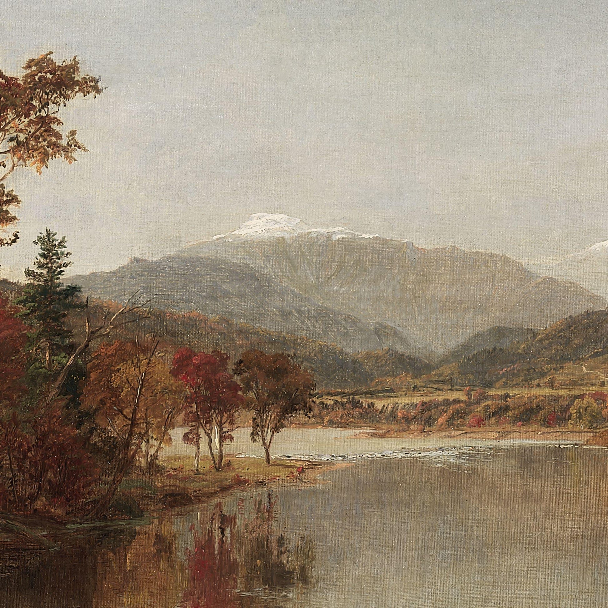 Landscape painting of a mountain range with a lake and trees.