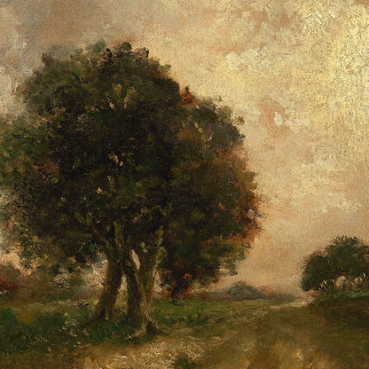 Painting of a large tree in a landscape with a soft, textured background