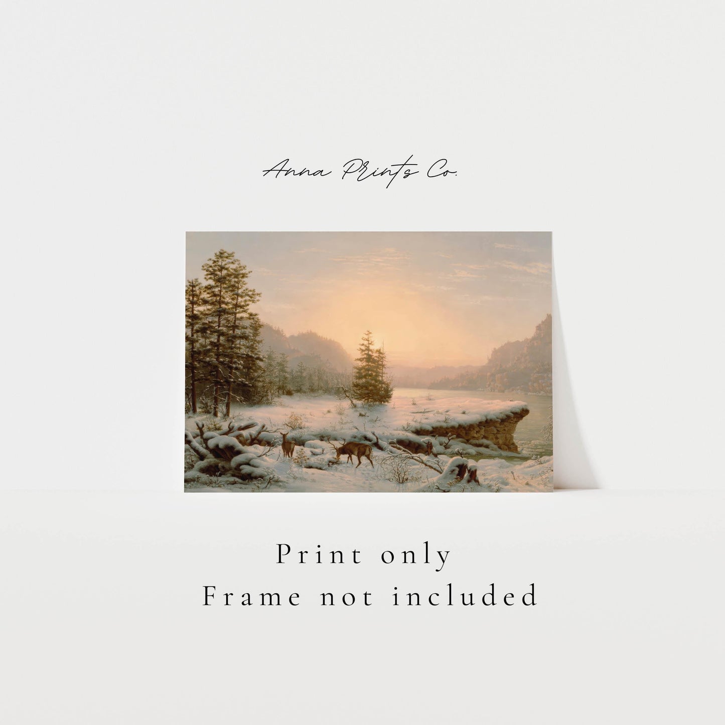 Vintage art print of Winter Landscape Lake Scene with text overlay stating frame not included