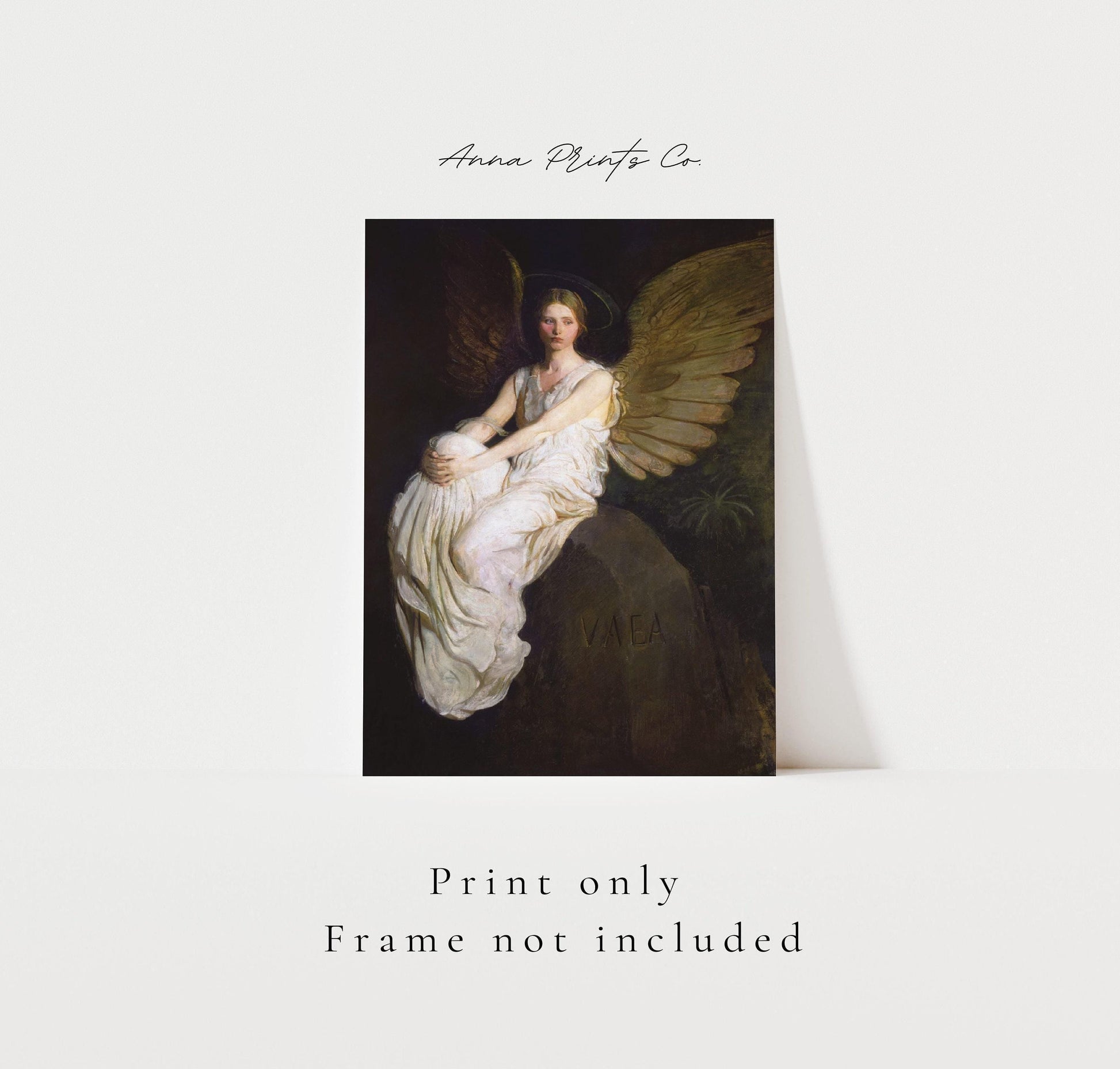 Vintage art print of Moody Angel Portrait Painting with text overlay stating frame not included