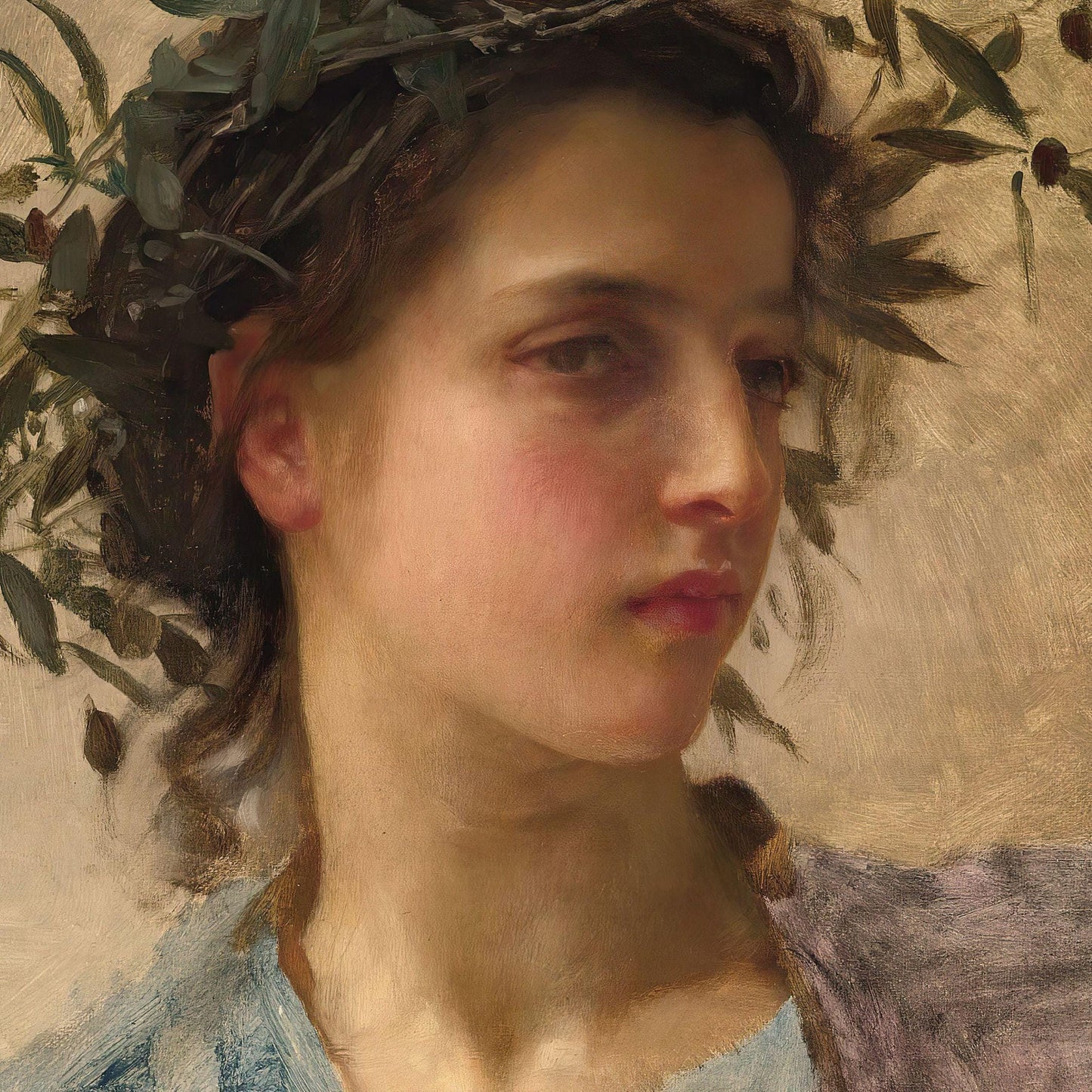 Portrait of a young woman with olive branches, classical painting style