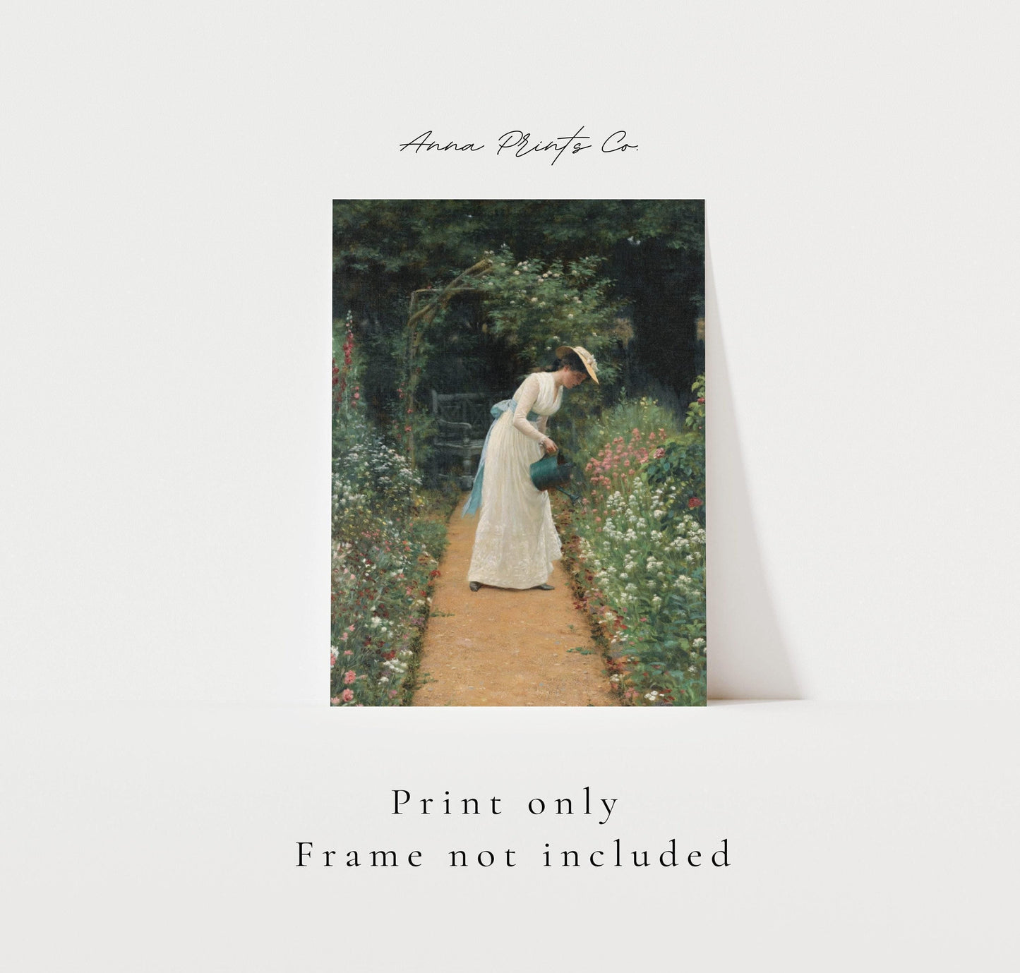 Vintage art print of My Lady's Garden by Leighton with text overlay stating frame not included