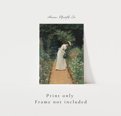 Vintage art print of My Lady's Garden by Leighton with text overlay stating frame not included