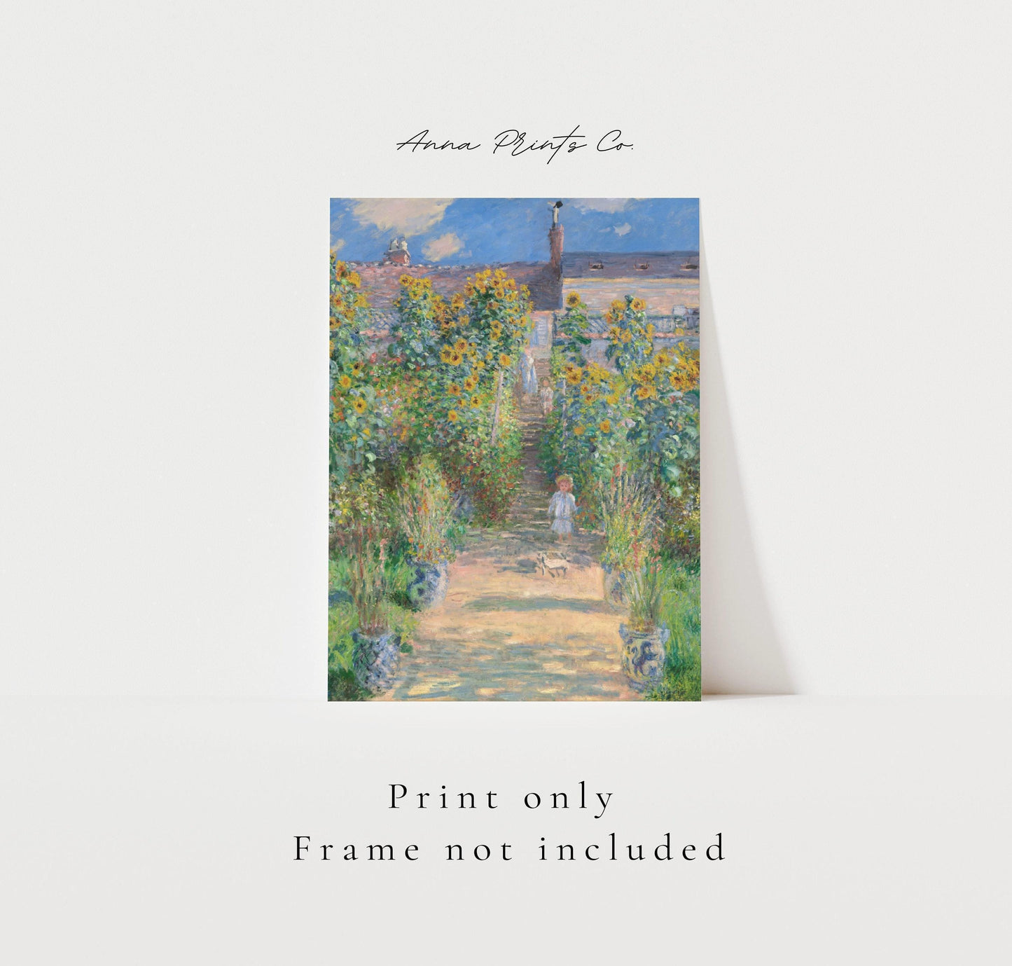 Vintage art print of The Artist's Garden Vétheuil by Monet with text overlay stating frame not included