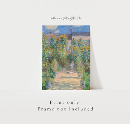 Vintage art print of The Artist's Garden Vétheuil by Monet with text overlay stating frame not included