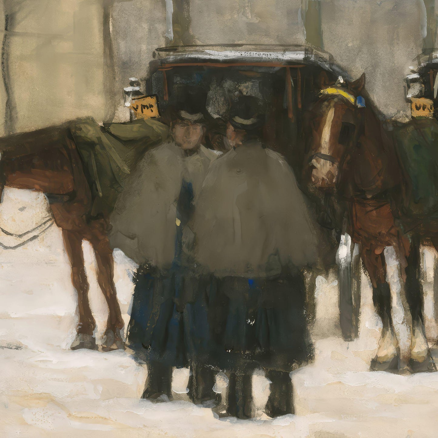Two people in formal attire standing next to a horse-drawn carriage in a snowy landscape.