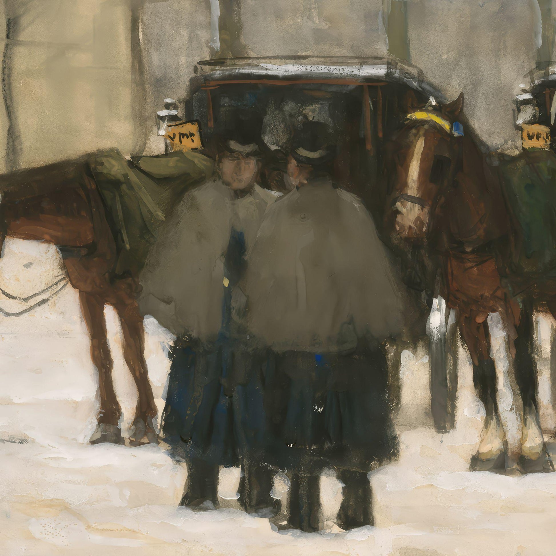 Two people in formal attire standing next to a horse-drawn carriage in a snowy landscape.