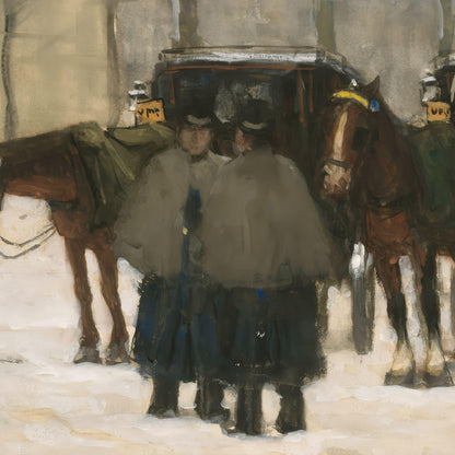 Two people in formal attire standing next to a horse-drawn carriage in a snowy landscape.
