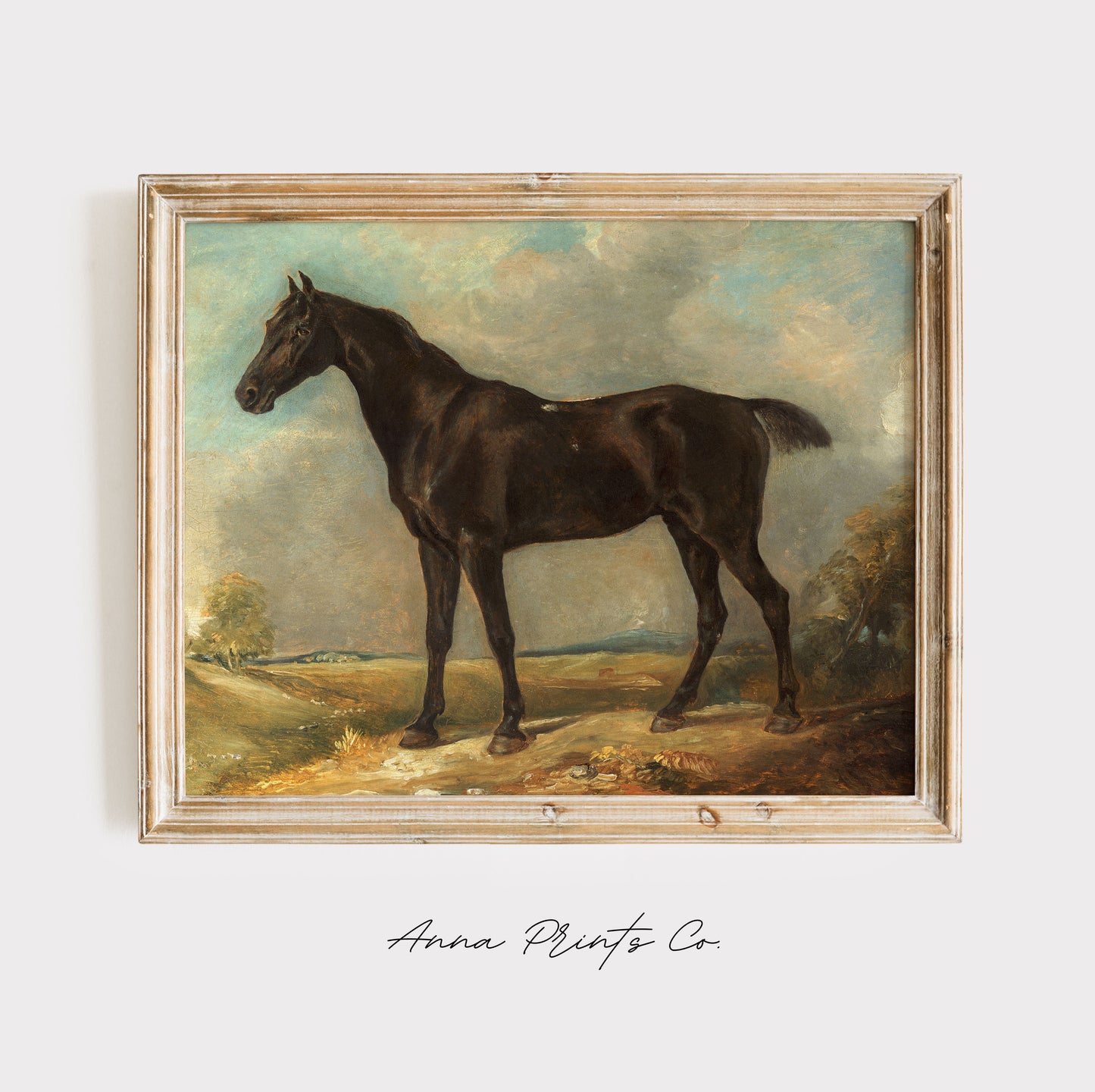 Vintage art print of Black Riding Horse Painting displayed in wooden frame