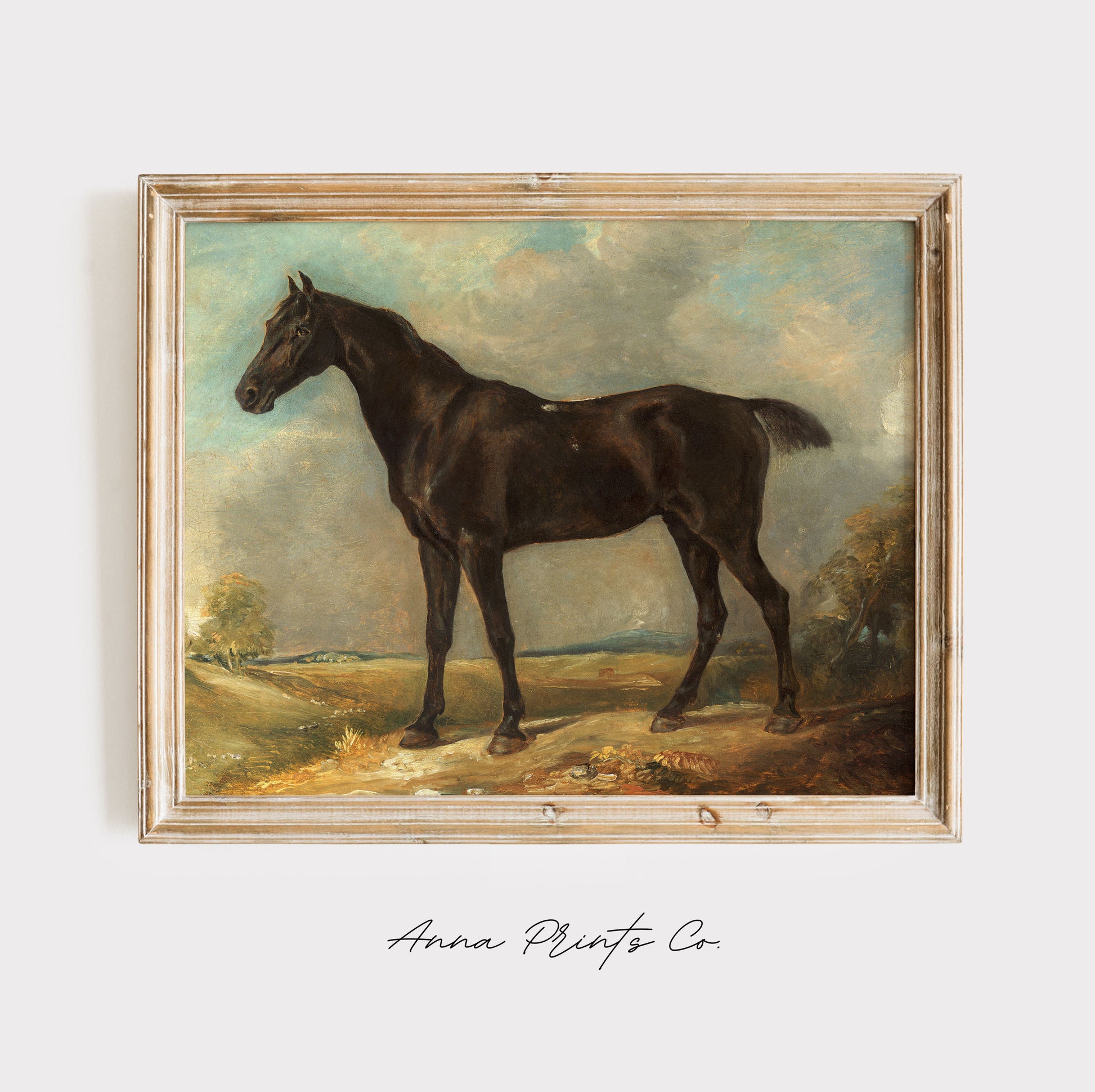 Vintage art print of Black Riding Horse Painting displayed in wooden frame