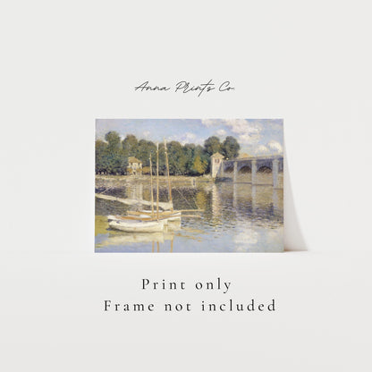 Vintage art print of The Argenteuil Bridge by Monet with text overlay stating frame not included