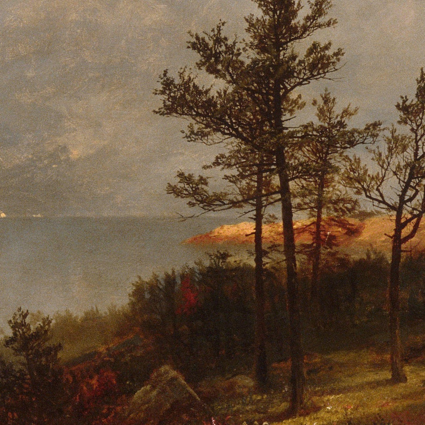 Landscape painting with trees, a body of water, and a sunset.