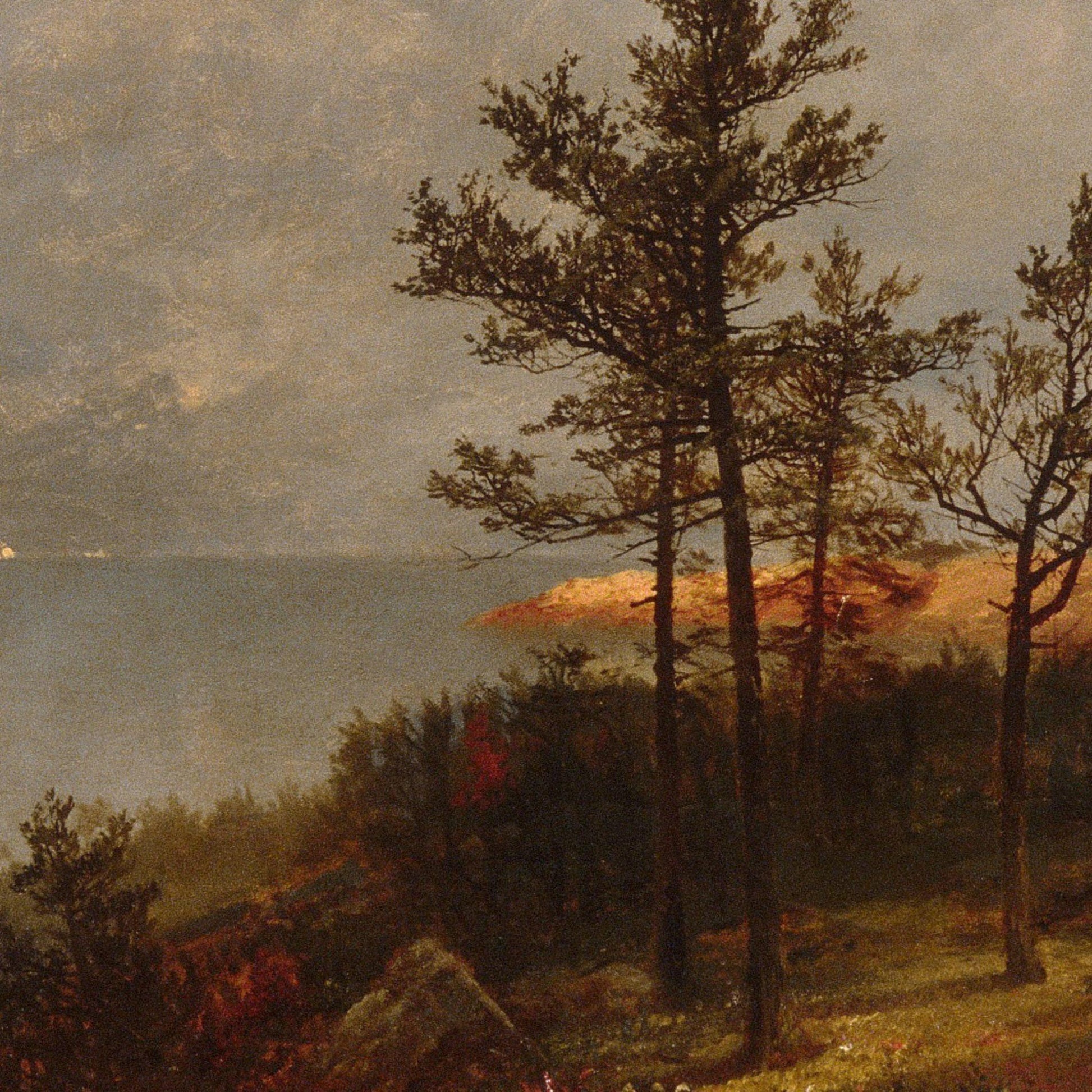 Landscape painting with trees, a body of water, and a sunset.