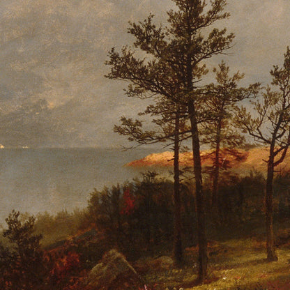Landscape painting with trees, a body of water, and a sunset.