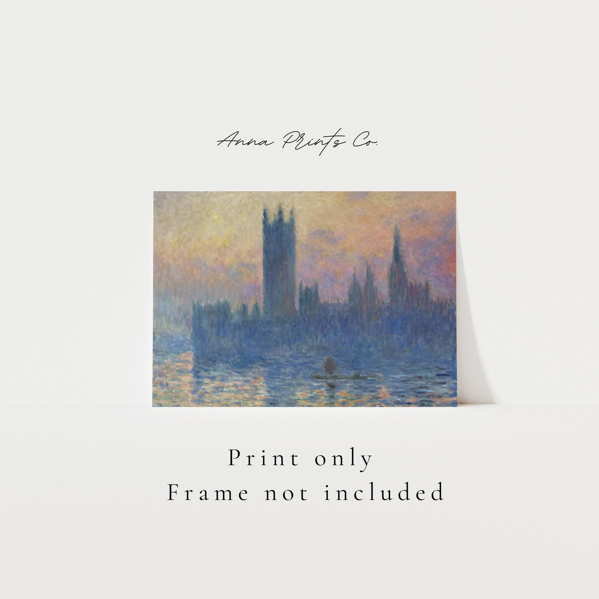 Vintage art print of The Houses of Parliament by Monet with text overlay stating frame not included