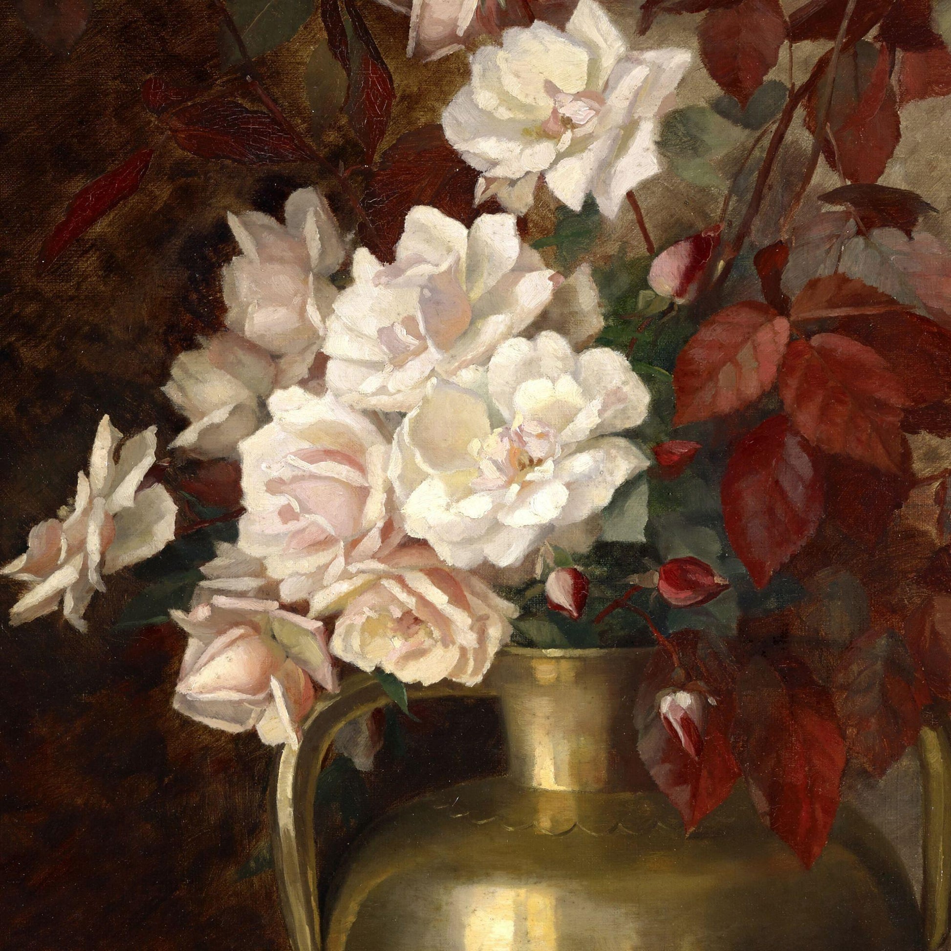 Still life painting of white flowers and red leaves in a gold vase.