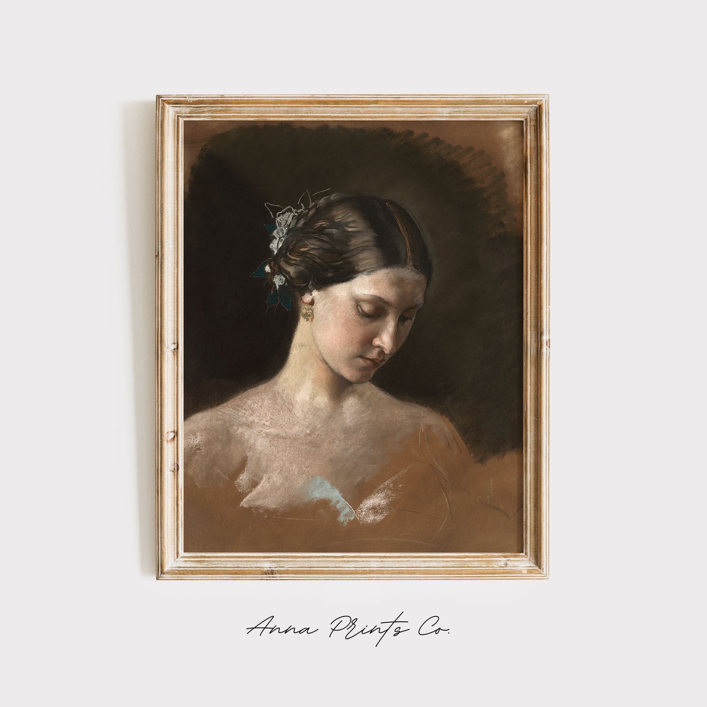 Vintage art print of Portrait of a Woman Moody Painting displayed in wooden frame