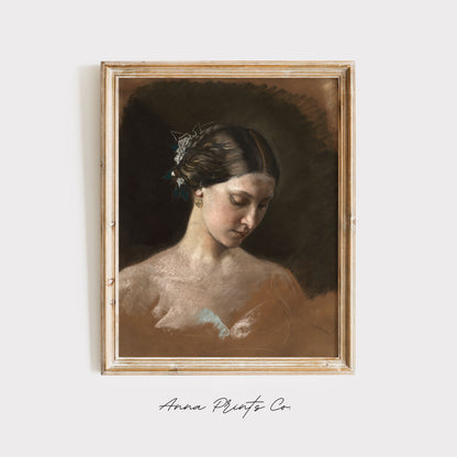 Vintage art print of Portrait of a Woman Moody Painting displayed in wooden frame