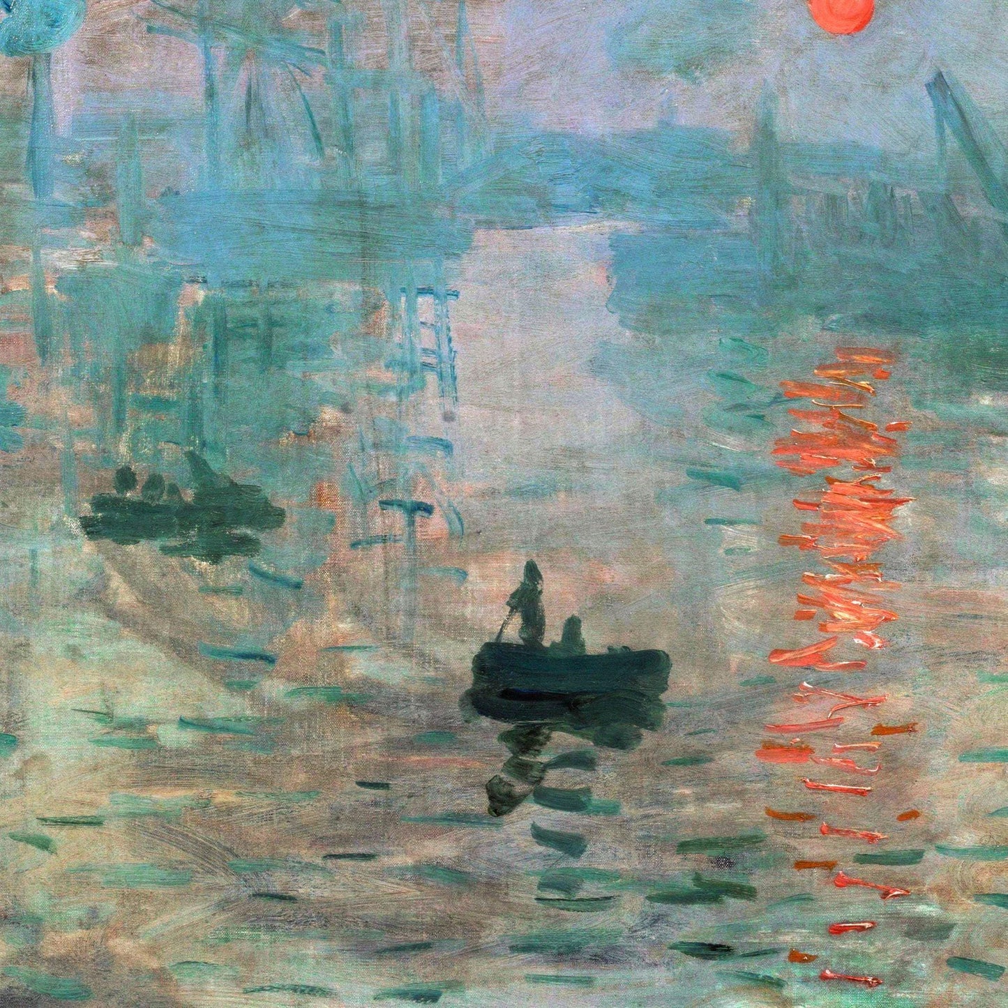 Abstract painting with a boat and red sun reflection on water