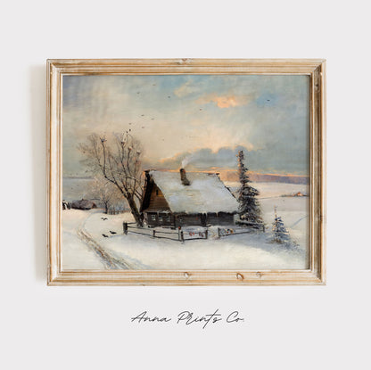 Vintage art print of Cabin in Snowy Landscape displayed in wooden frame