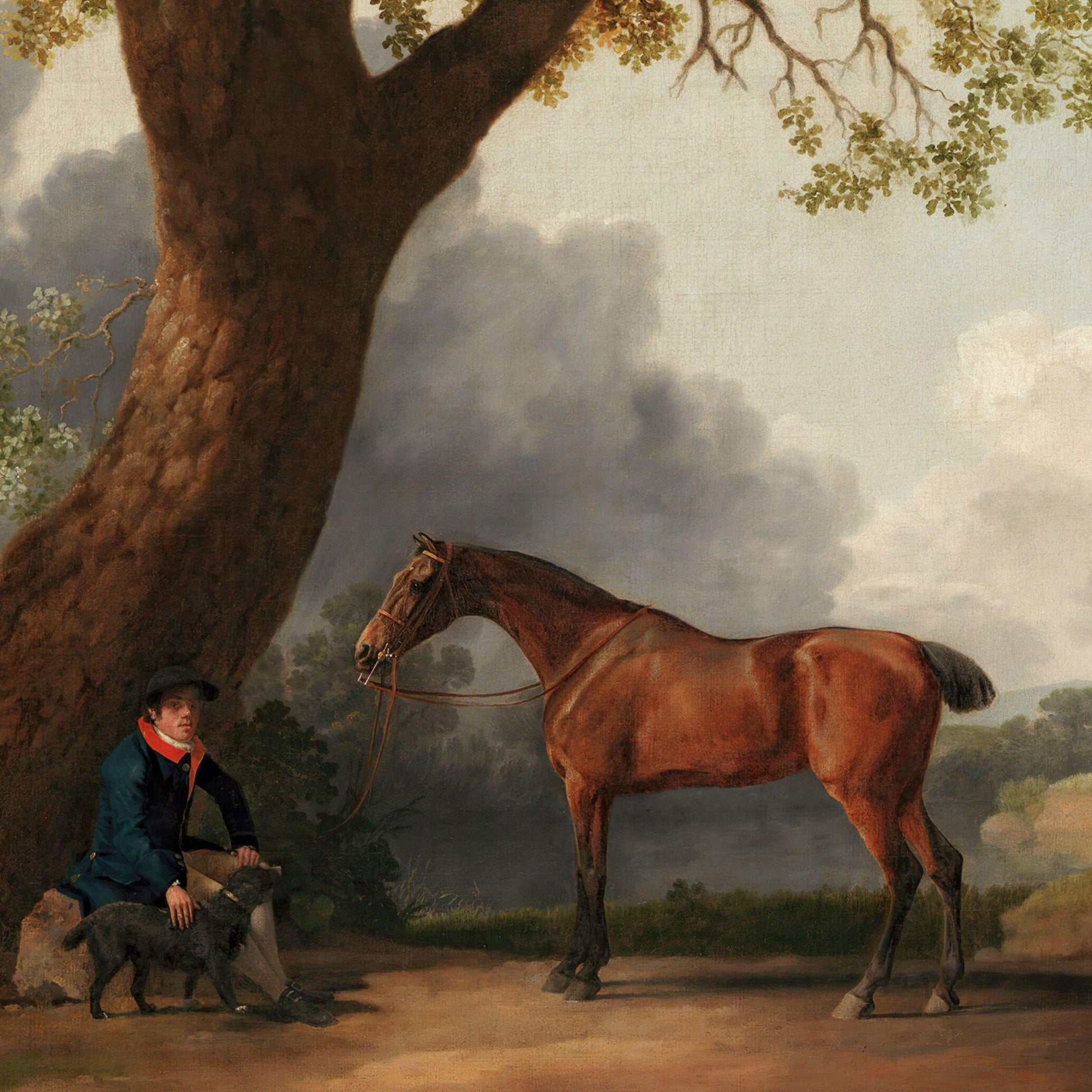 Painting of a man with a dog and horse under a tree