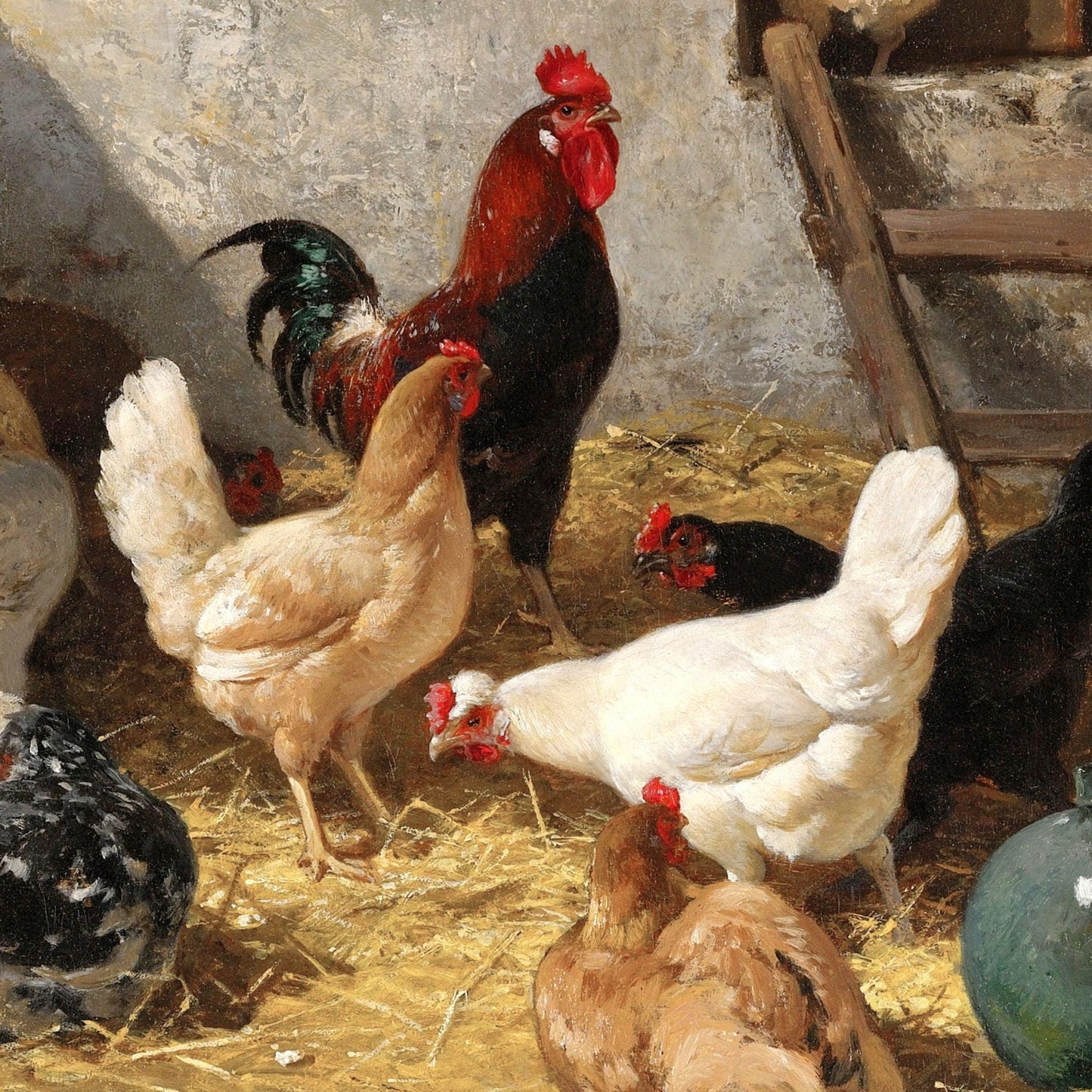 Painting of chickens and a rooster in a barn setting