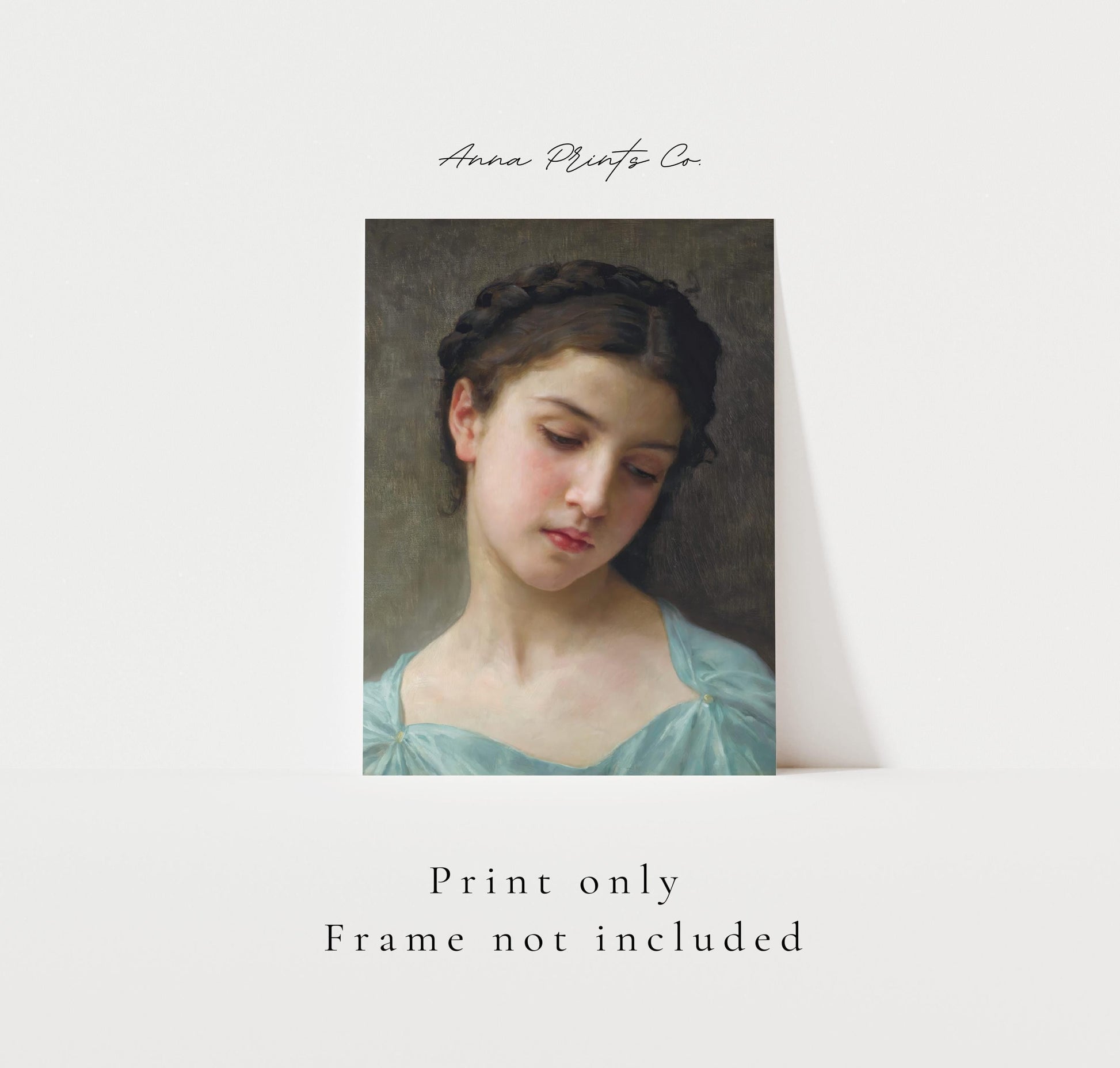 Vintage art print of Portrait of a Young Girl Bouguereau with text overlay stating frame not included