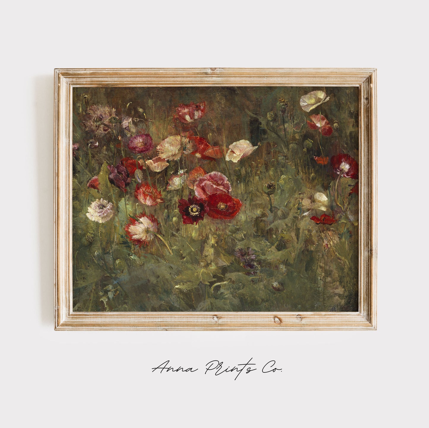 Vintage art print of Bed of Poppies Flower Field Painting displayed in wooden frame