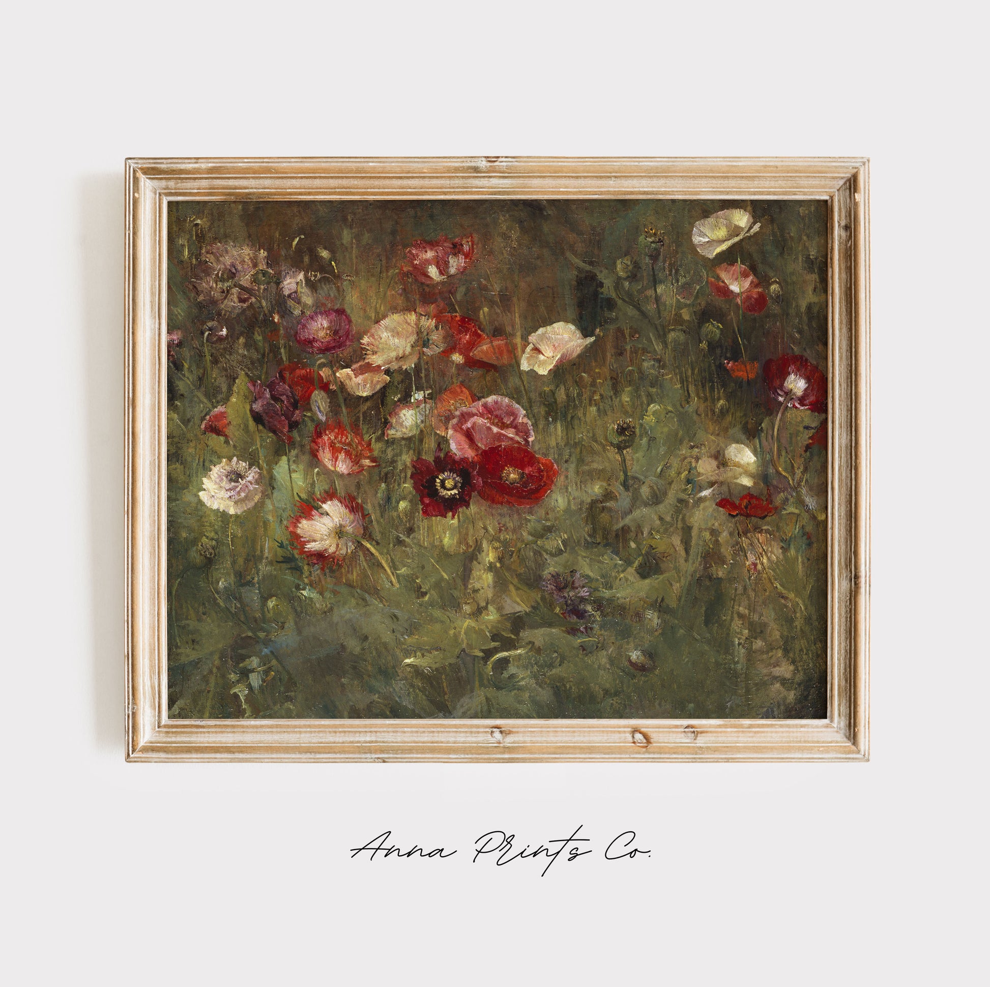 Vintage art print of Bed of Poppies Flower Field Painting displayed in wooden frame