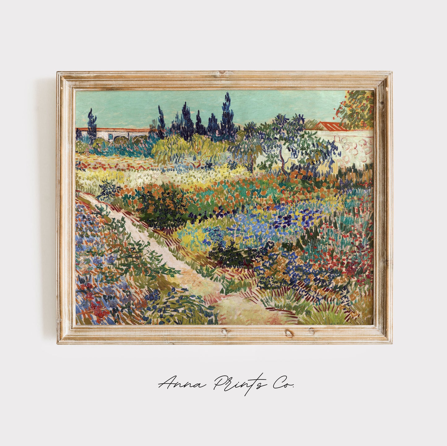 Vintage art print of Garden at Arles by Van Gogh displayed in wooden frame