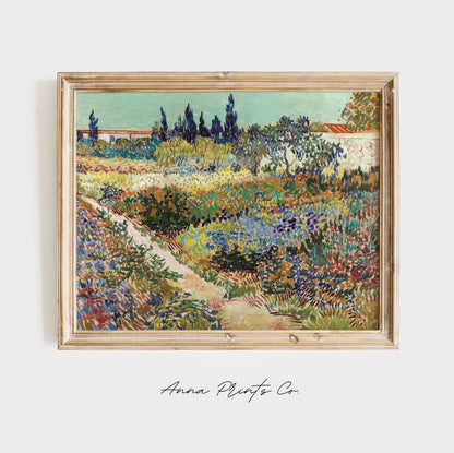 Vintage art print of Garden at Arles by Van Gogh displayed in wooden frame