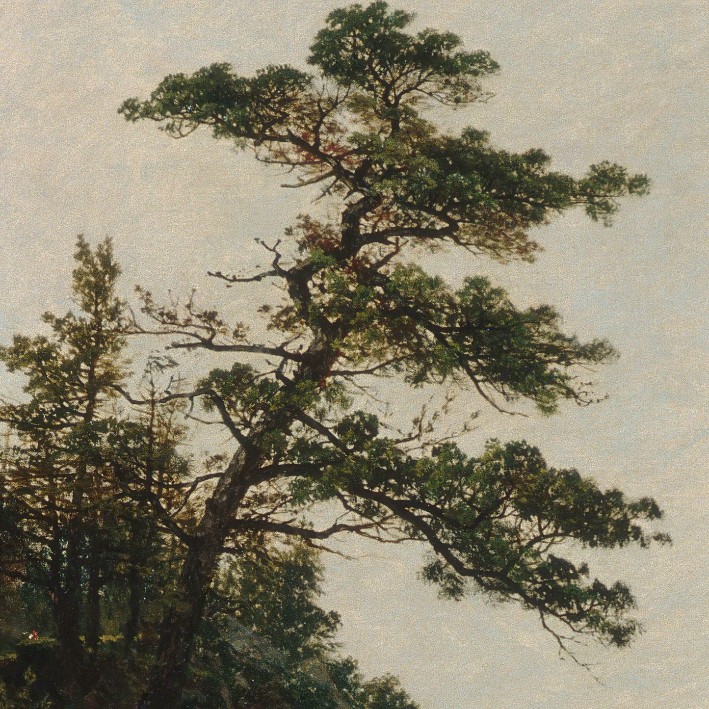 Painting of a tall tree with a detailed branch structure against a light sky.