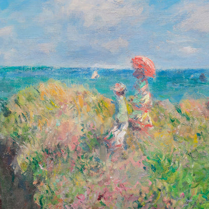 Painting of a person with a red umbrella sitting on a grassy hill overlooking water.