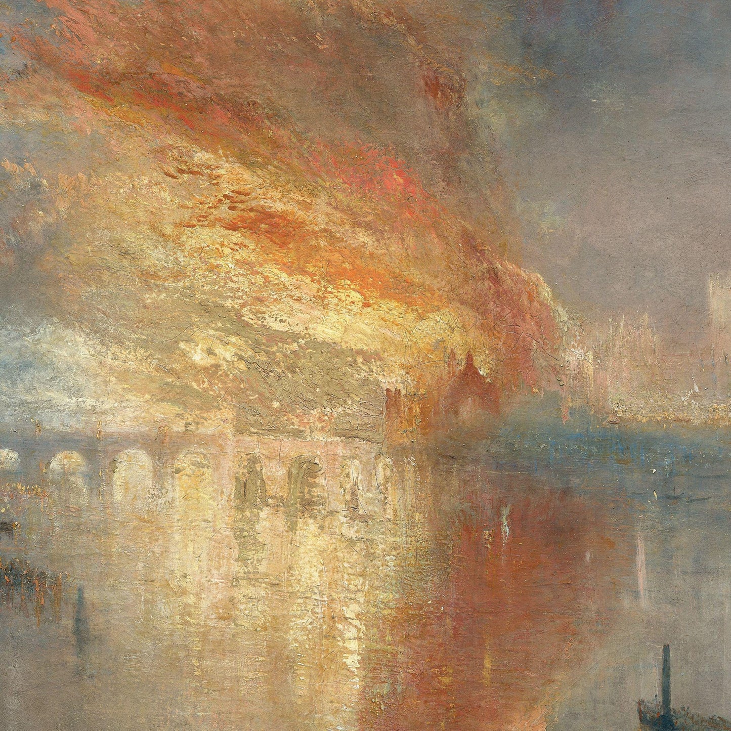 Painting of a cityscape with a large fiery cloud in the sky