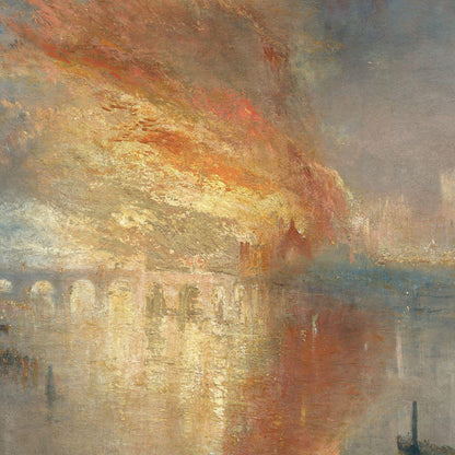 Painting of a cityscape with a large fiery cloud in the sky