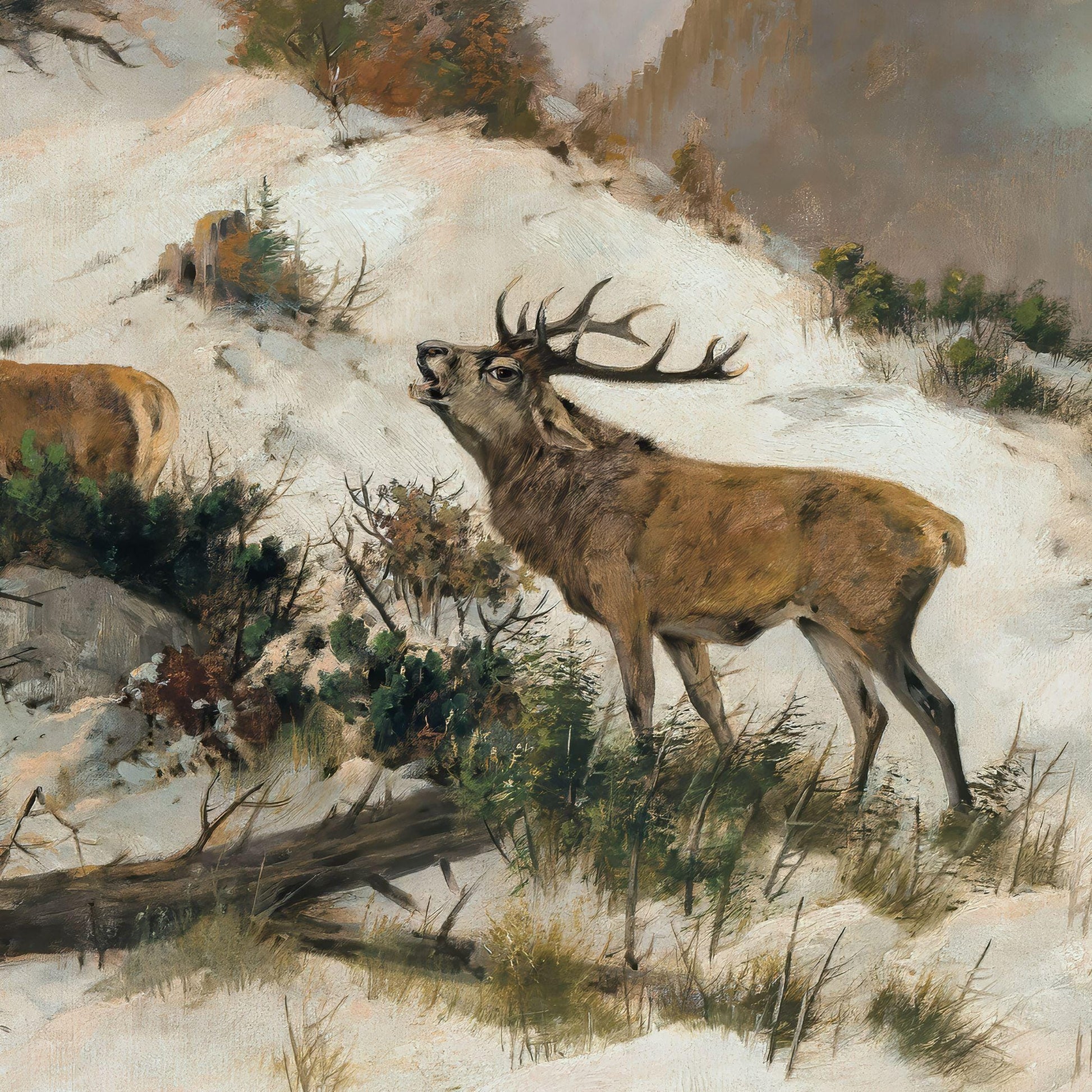 Painting of a deer in a snowy landscape with trees