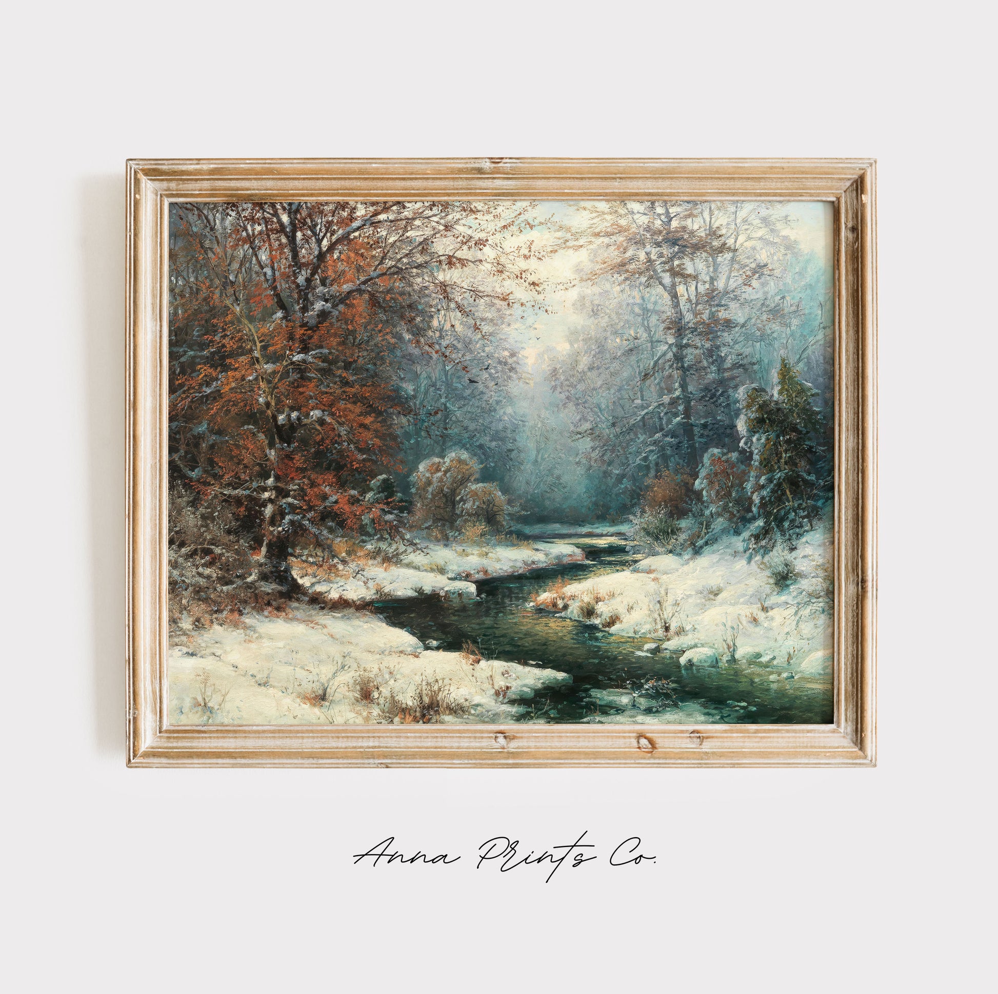 Vintage art print of Winter River Landscape Painting displayed in wooden frame