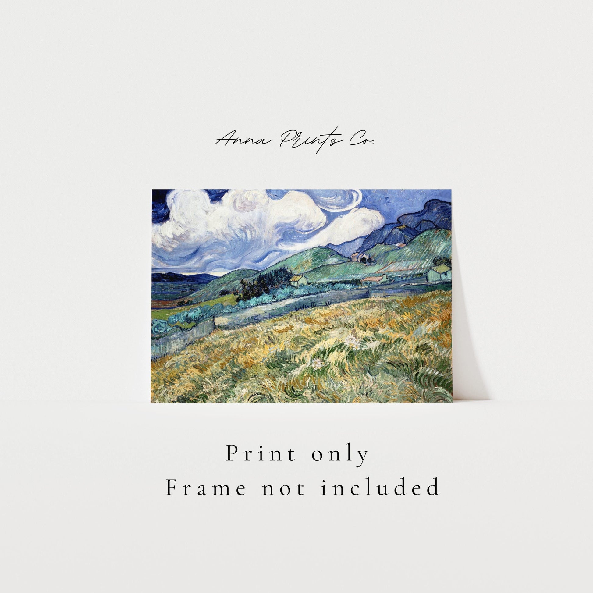 Vintage art print of Landscape Saint-Remy by Van Gogh with text overlay stating frame not included