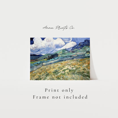 Vintage art print of Landscape Saint-Remy by Van Gogh with text overlay stating frame not included