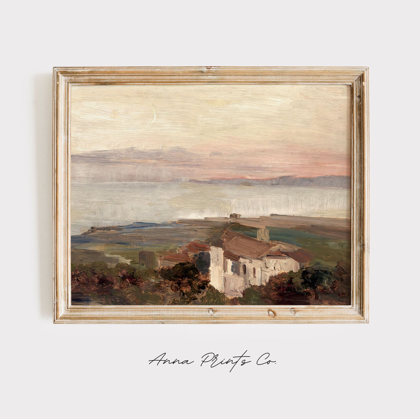 Vintage art print of Tower of Greece Coastal Painting displayed in wooden frame