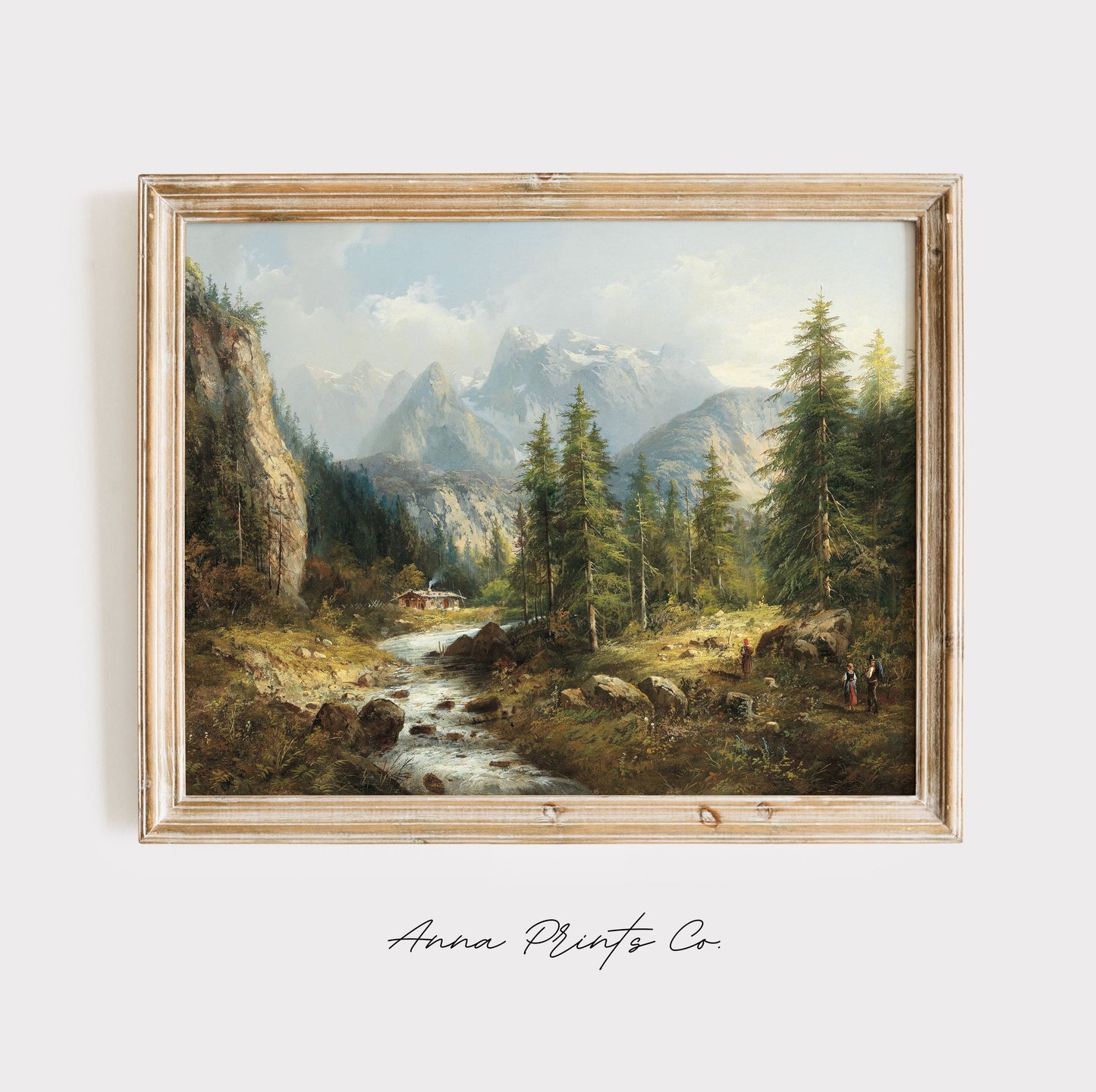 Vintage art print of Mountain Landscape Rustic Painting displayed in wooden frame