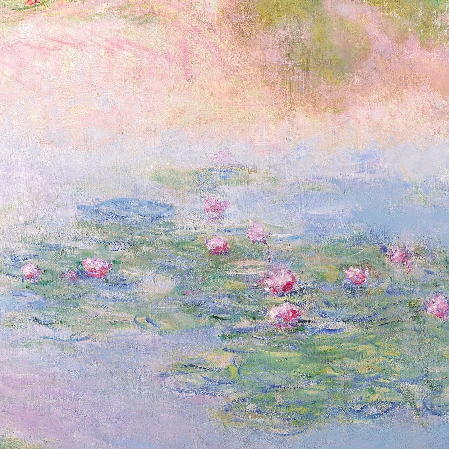 Pastel painting of water lilies on a pond