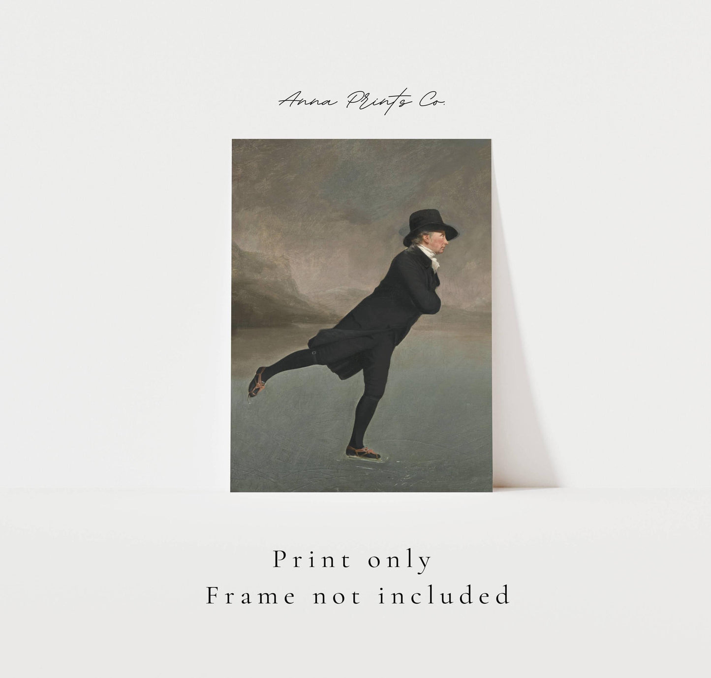 Vintage art print of The Skating Minister Painting with text overlay stating frame not included