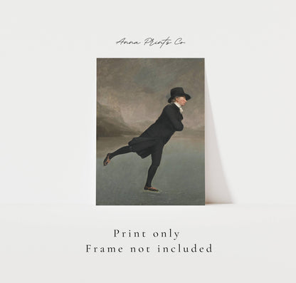 Vintage art print of The Skating Minister Painting with text overlay stating frame not included